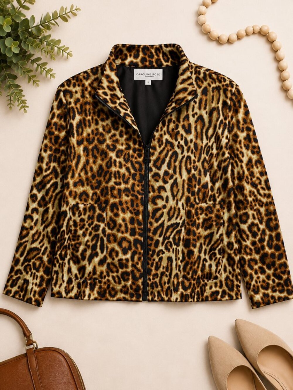 Caroline Rose 100% Silk Leopard Print Zip Jacket Small Made in USA
